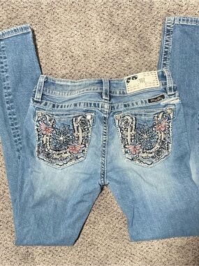 Miss Me Hailey Skinny Jeans 26 USA Flag M Rhinestone Floral Y2K